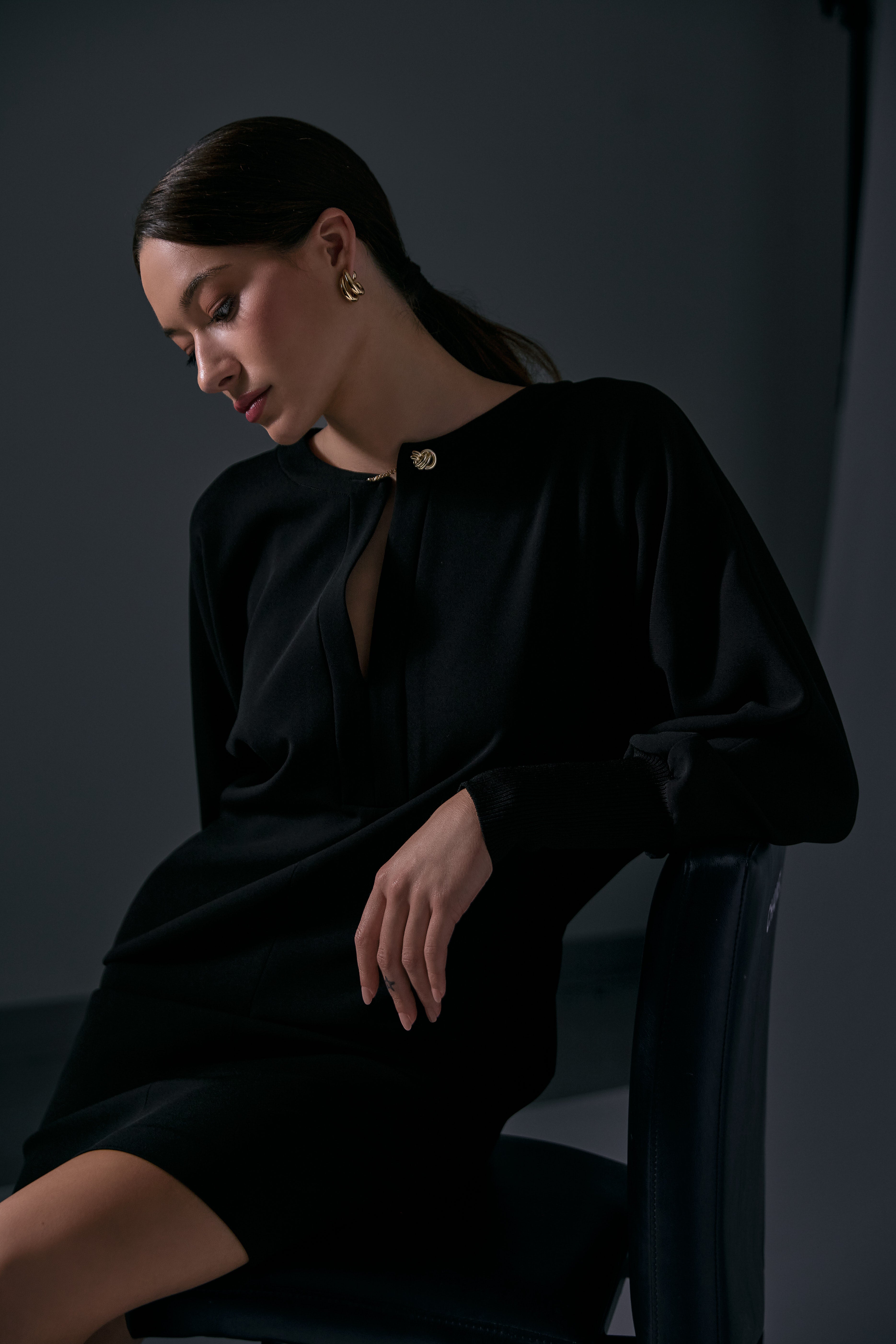 The Asti Cady Long Sleeve Dress with Knit Cuff by Max Mara Studio, styled with the Florence Earrings by Jenny Bird