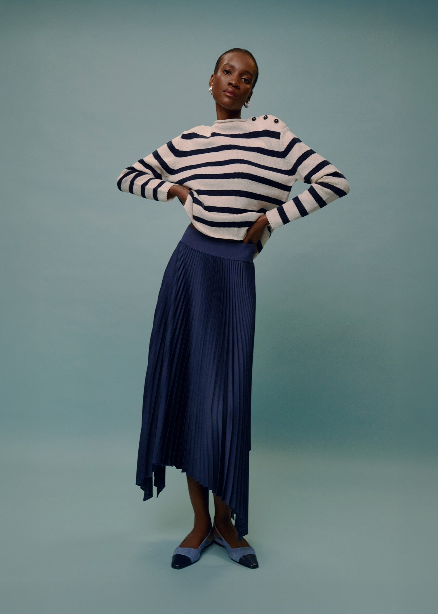 a nautical stripe sweater from max mara and a plisse skirt from joseph accessorized with dear frances denim slingbacks