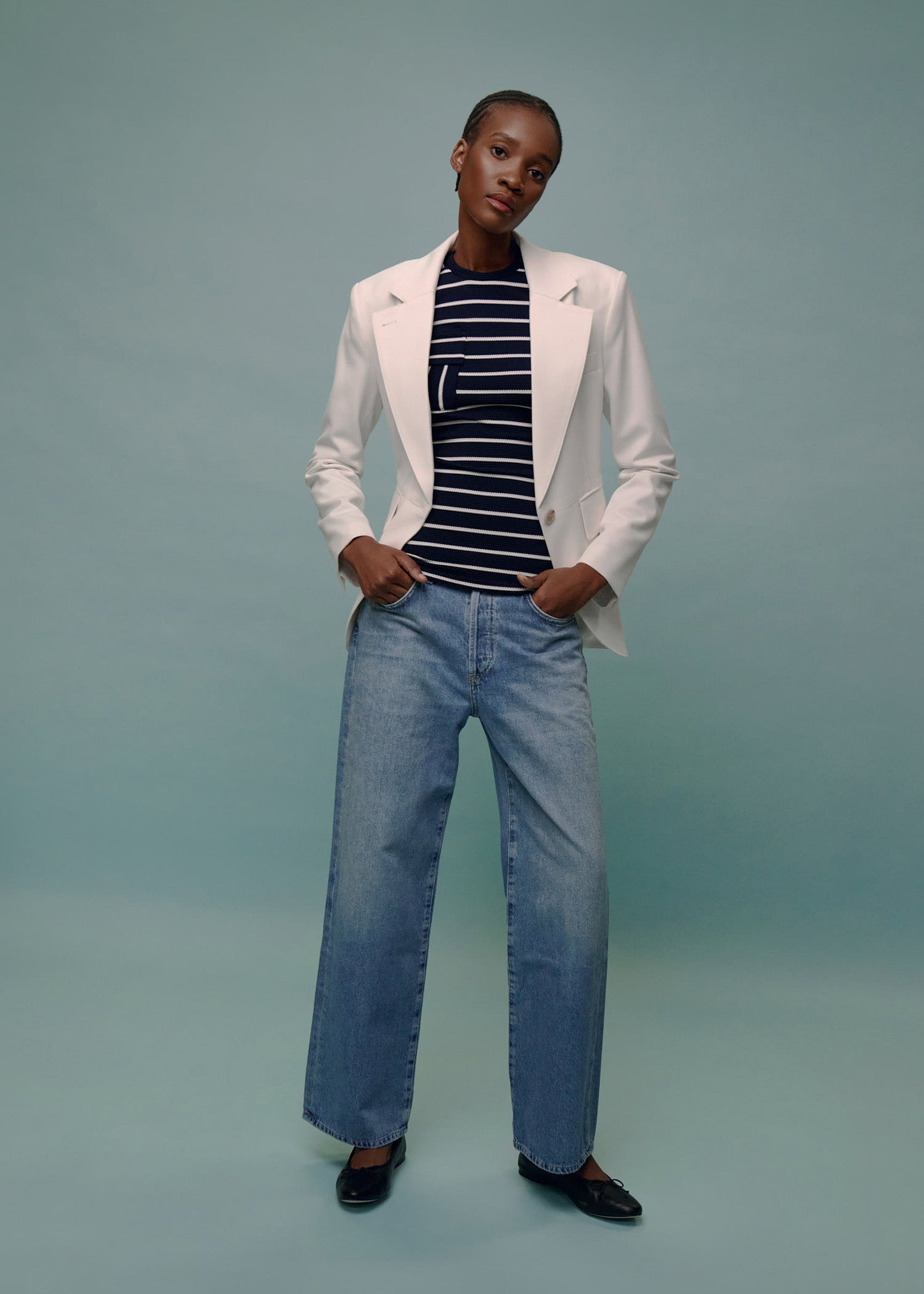 Smythe seamed blazer over a smythe nautical knit paired with frame jeans accessorized with mansur gavriel ballet flats