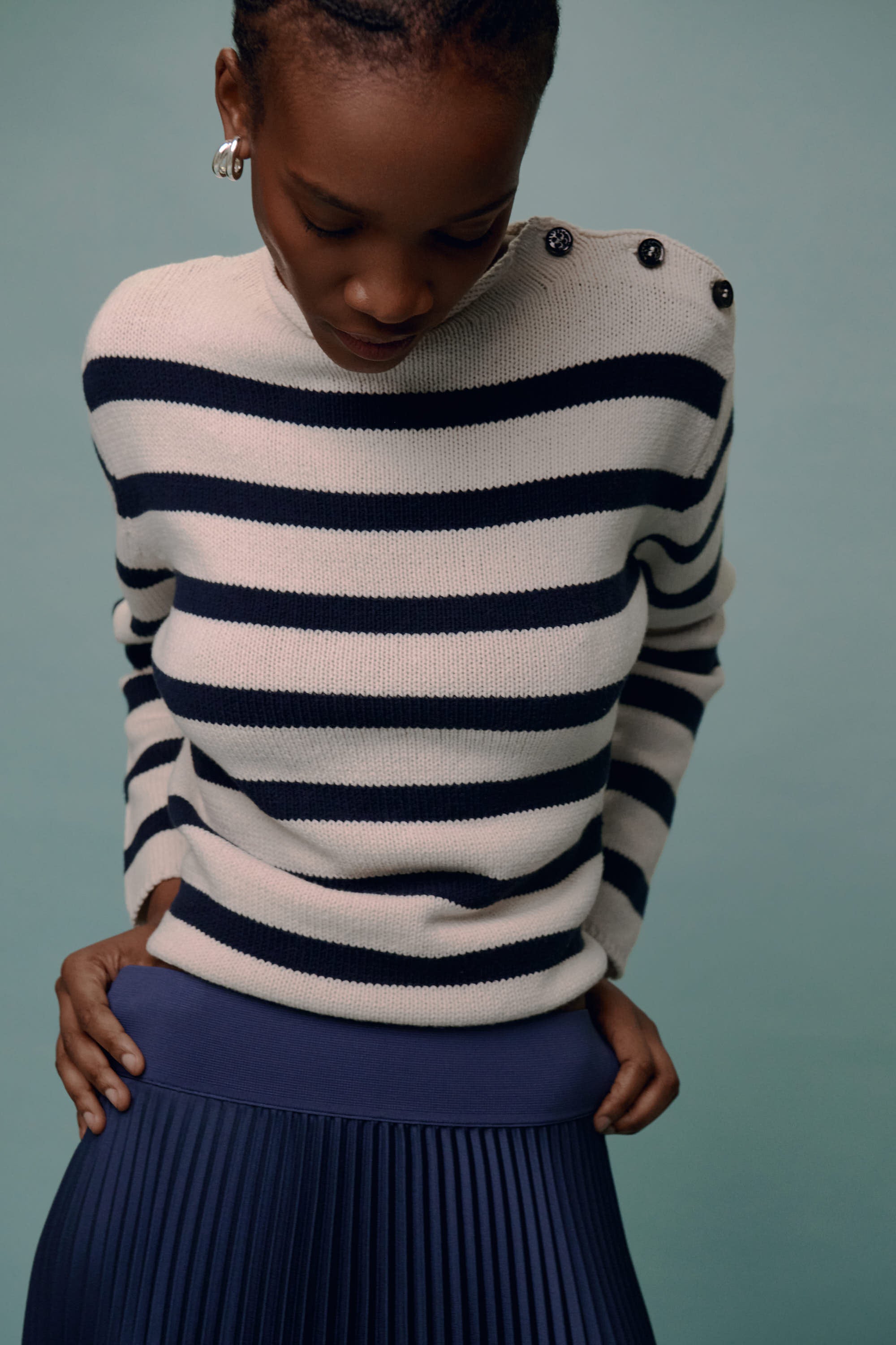 a nautical stripe sweater from max mara and a plisse skirt from joseph