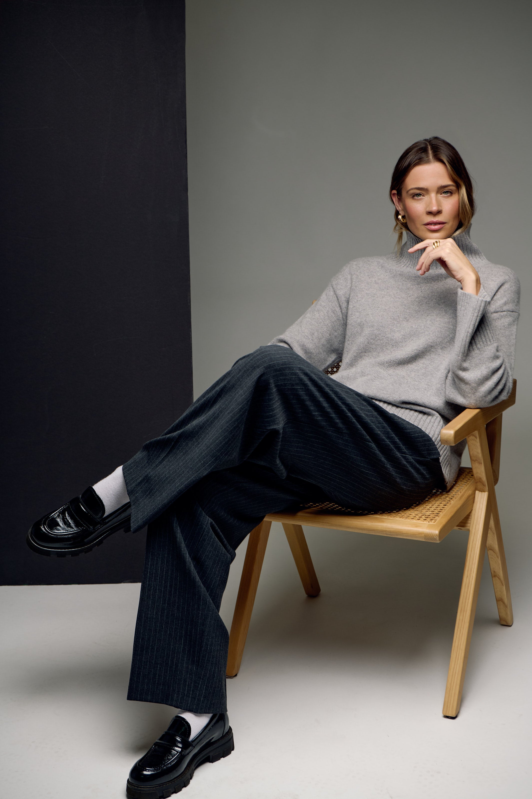 The Cashmere Easy Standneck by White & Warren, The Anny Satin Waistband Trouser by Cambio, and The Della Patent Platform Loafer by La Canadienne