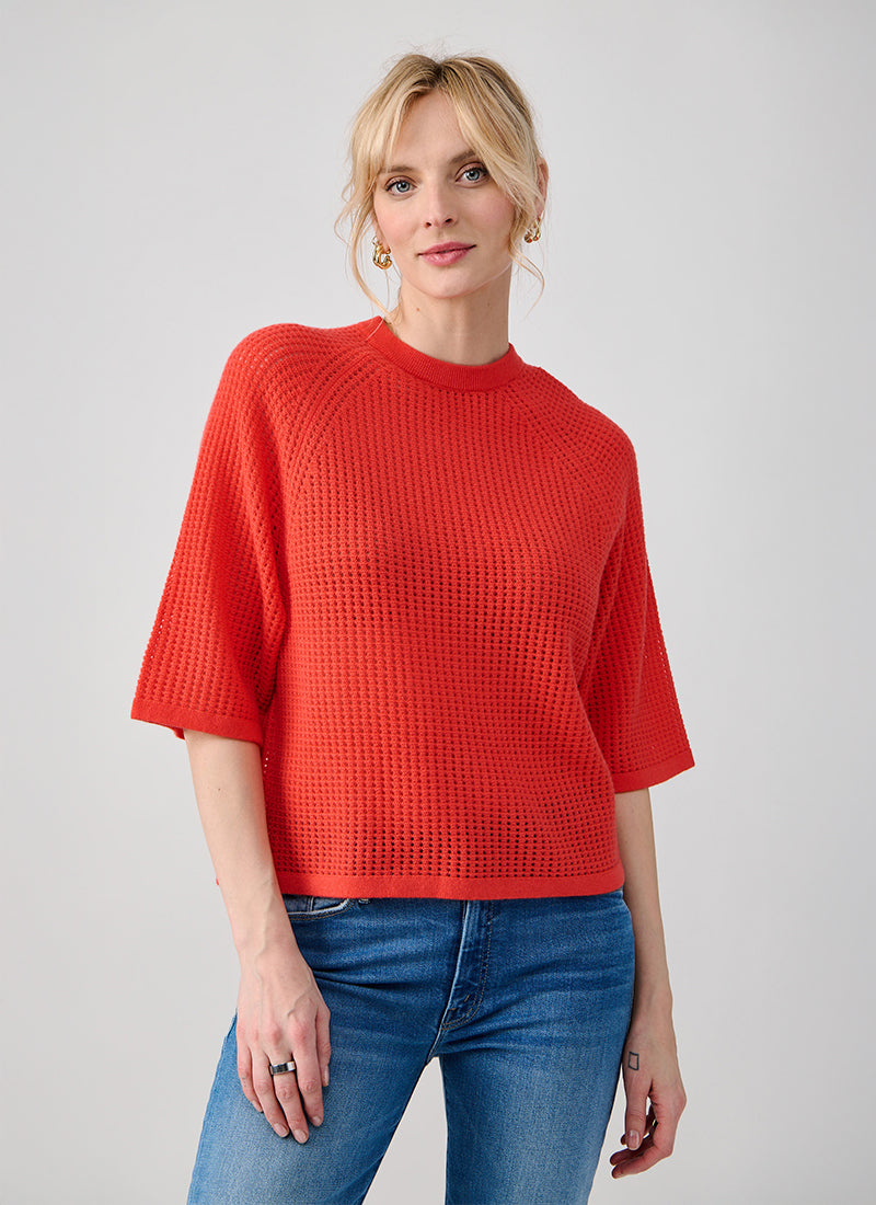 Autumn Cashmere Short Sleeve Mesh Raglan Crewneck Sweater