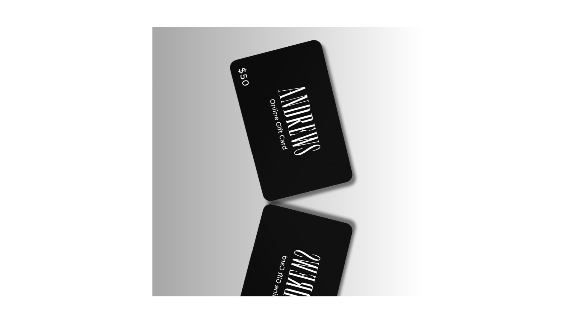 Black Andrews Co. virtual gift card with sleek mirrored design and logo.