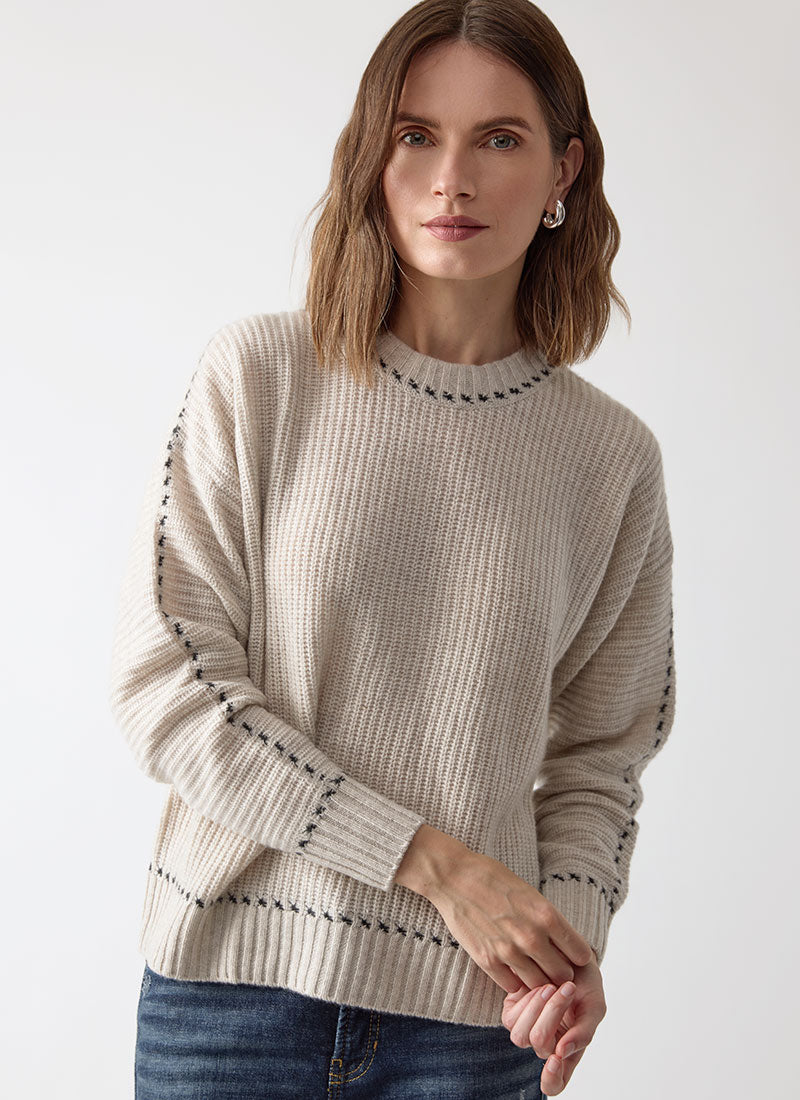 Autumn Cashmere Shaker Crew with Contrast Stitch