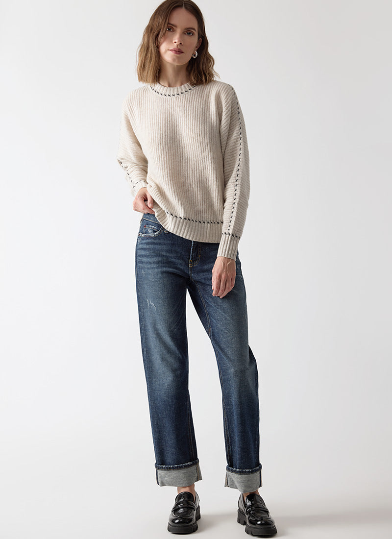 Autumn Cashmere Shaker Crew with Contrast Stitch