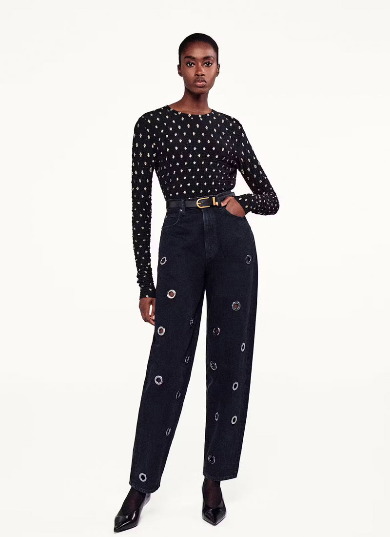 Frame Dotted Stretch Mesh Top