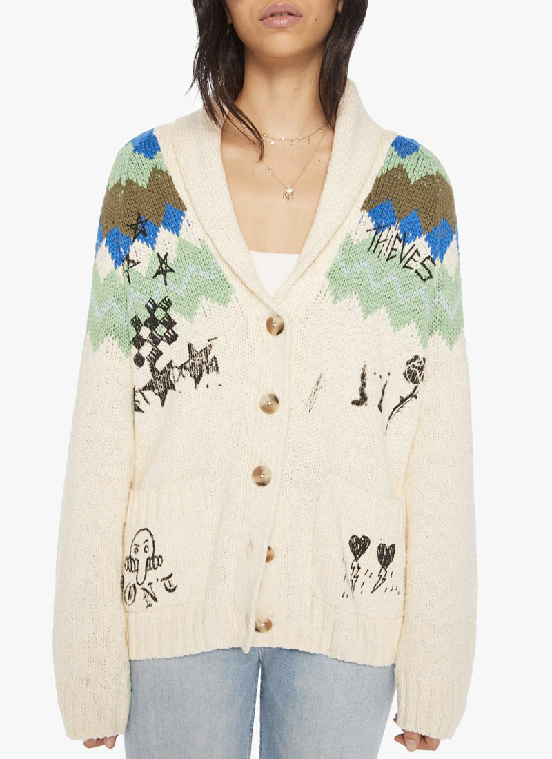 Wooden buttons shawl-collar cardigan