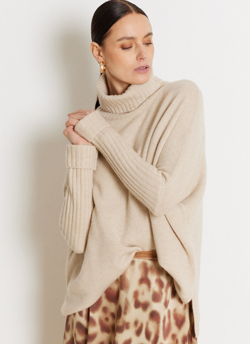 Cashmere Turtleneck Poncho with Ribbed Sleeves L XL OAT