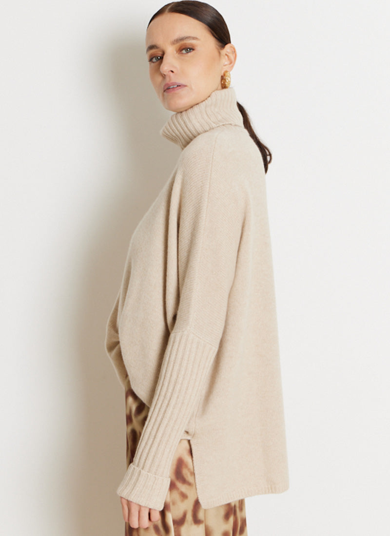 Not Shy Cashmere Cashmere Turtleneck Poncho with Ribbed Sleeves