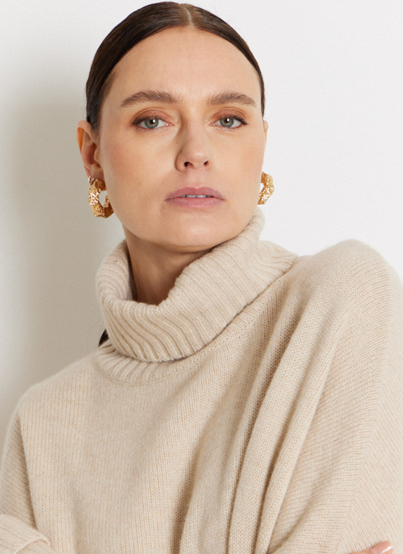 Not Shy Cashmere Cashmere Turtleneck Poncho with Ribbed Sleeves