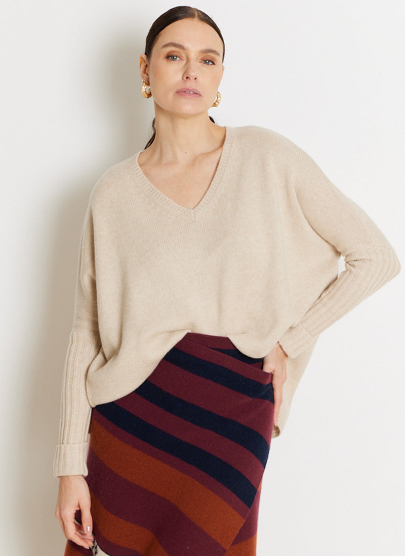 Not Shy Cashmere V-Neck Ribbed Sleeve Cashmere Poncho