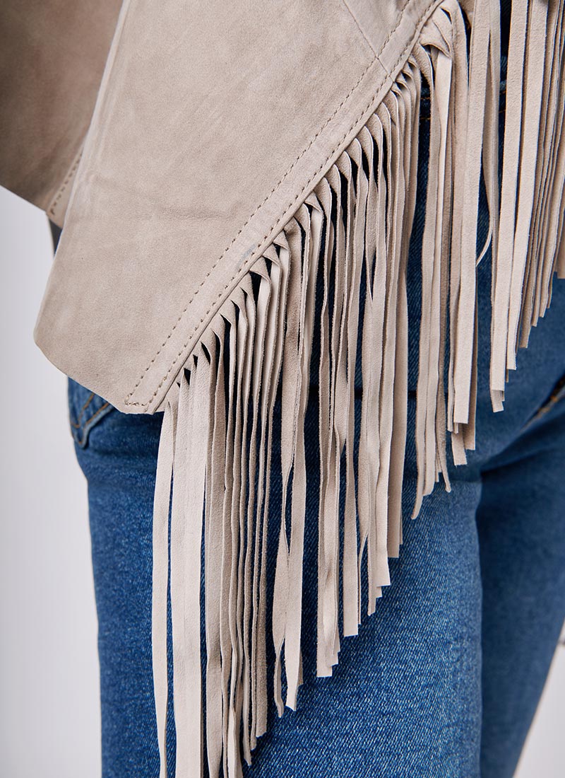 Hedi Drape Fringe Suede Jacket by Schiya