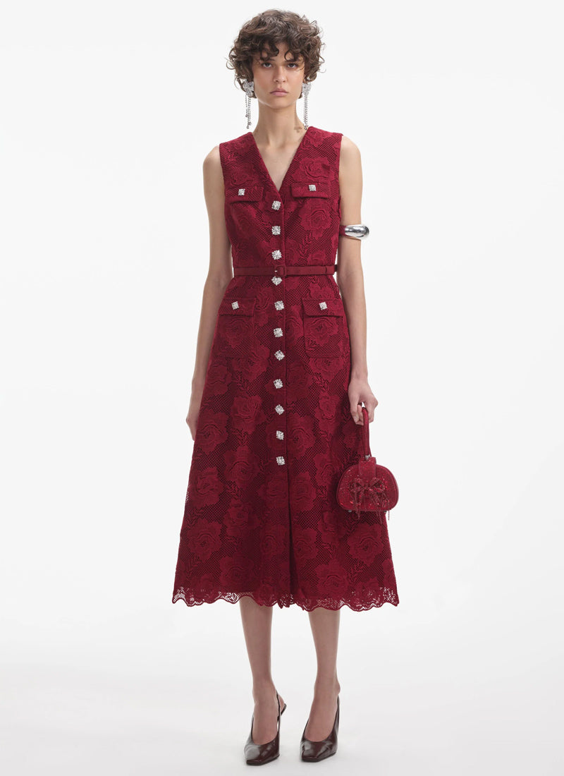 Self-Portrait Burgundy Lace Button Midi Dress