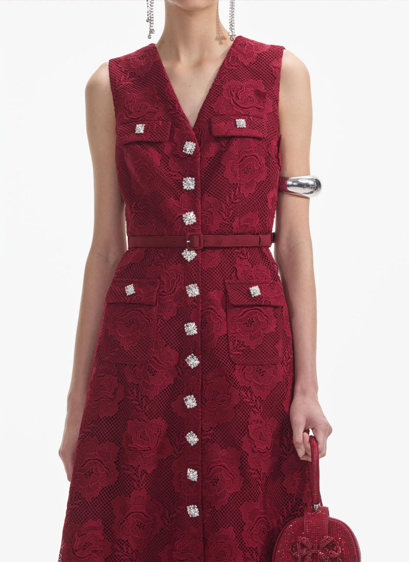 Self-Portrait Burgundy Lace Button Midi Dress