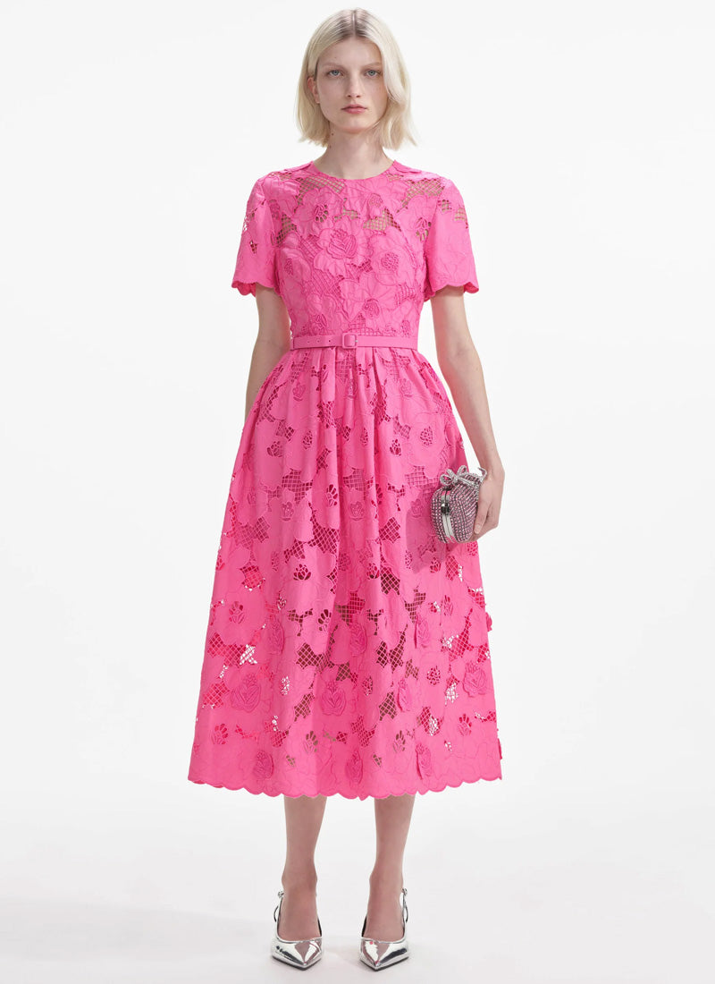 Self-Portrait Pink Cotton Lace Midi Dress