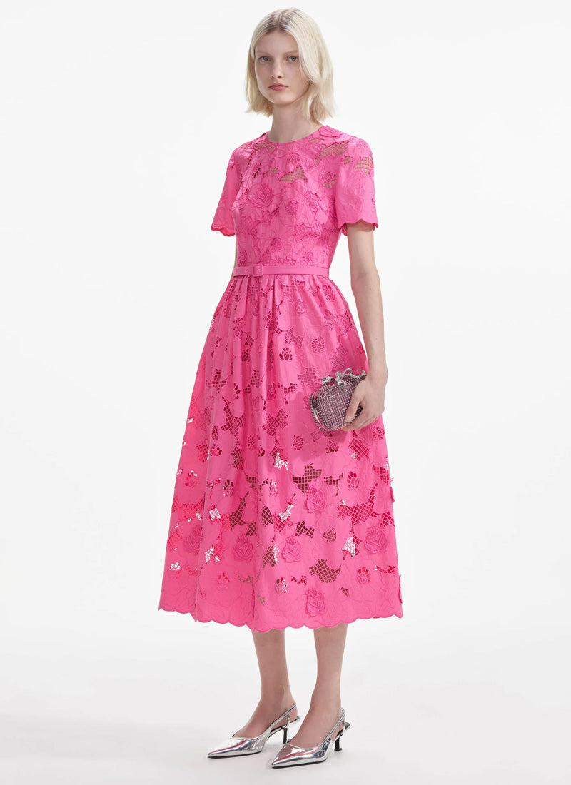 Self-Portrait Pink Cotton Lace Midi Dress